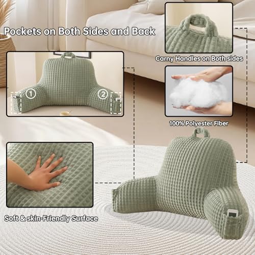 Reading Pillow with Arms for Sitting in Bed,Backrest,Green Flannel,M