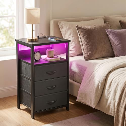 Fixwal Night Stand with 3 Drawers, Black Nightstand with Charging Station