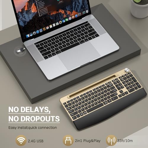 JOYACCESS Ergonomic Wireless Keyboard with Wrist Rest, Phone/Tablet Holder,Windows & Mac OS, 2.4 GHz Wireless, Full-Size,Quiet Keyboard Compatible for Laptop,PC, Mac, Windows -Black Glod