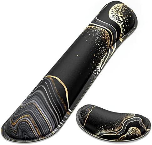 Dapesuom Enlarge Keyboard Wrist Rest, Memory Foam Wrist Cushion for Desk Mats Support, Marble Pain Relief Keyboard Mouse Pad Rests Set with Non-Slip Base for Gaming Laptop Office Computer, Black Gold