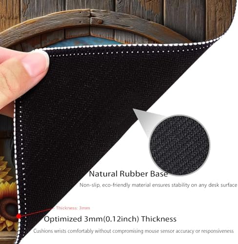 Rustic Farm Sunset with Rooster Mouse Pad, Blooming Sunflowers Desk Mat