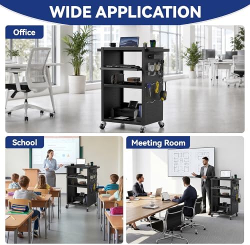 Mobile AV Cart with Pullout Keyboard Tray Media Utility Cart with Pegboard Hooks 4 Outlets & Push Handles Rolling Computer Cart with Lock Brake Wheels Mobile Computer Workstation