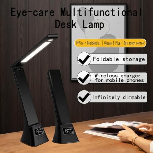 AYI Multifunctional LED Desk Lamp, 10W Wireless Charging Station with Digital Clock & Alarm, Foldable Phone Holder Stand for Bedroom Home Office, TYV-2088 Black.
