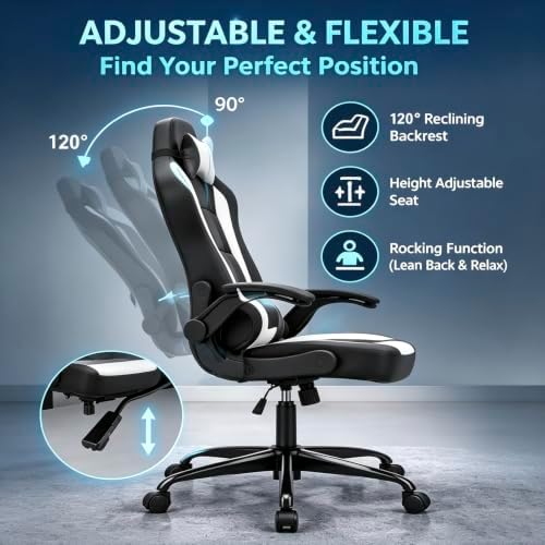 Ergonomic Gaming Chair - High Back Office Desk Chair with Lumbar Support & Flip-Up Arms, PU Leather Computer Swivel Task Chair, Adjustable Headrest Executive Racing Style Chair for Adults-White