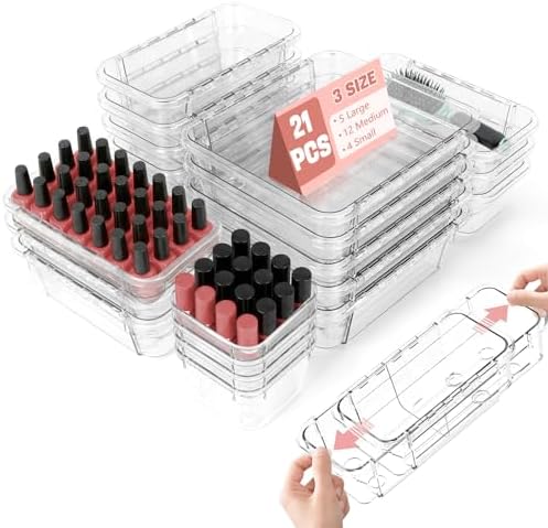 21 PCS Extendable Drawer Organizer Set Clear Stackable Vanity Storage Bins