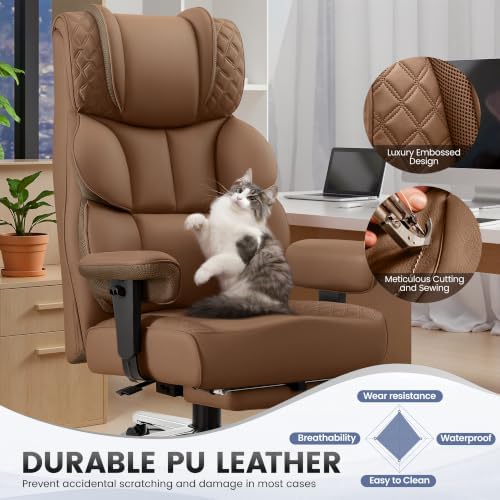 BestGlory Office Desk Chair, Big and Tall Leather Gaming Chair with Footrest, Ergonomic Comfy Executive High-Back Reclining Computer Chairs, Wide Swivel Rolling Wheels and Padded Lumbar Support,