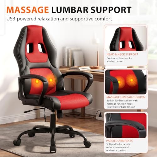 Gaming Chair Ergonomic Office Chair Racing Desk Chair Massage PU Leather Adjustable Chair with Lumbar Support Headrest Armrest Task Rolling Swivel Computer Chair for Adults(Red)