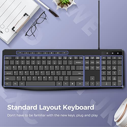 Virfour Wired USB Computer Keyboard, Quiet Keyboard with Multimedia Keys