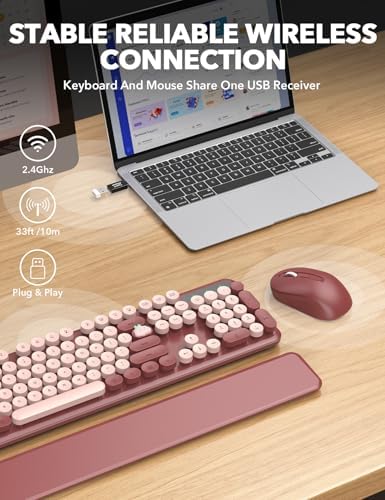 Wireless Keyboard and Mouse Combo, Cute Typewriter, Magnetic Wrist Rest