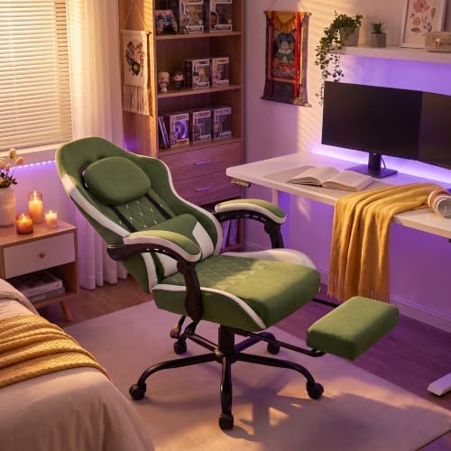 Gaming Chair for Adults, Fabric Gaming Chair with Footrest and Pocket Spring Cushion, Ergonomic Gamer Chair with Lumbar Support, Reclining Computer Gaming Chair with High Back, Dark Green