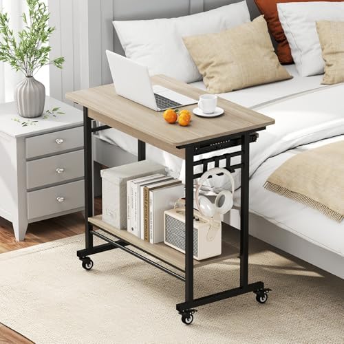 Tangkula Rolling Computer Desk Cart with Keyboard Tray, Mobile Portable Laptop PC Desk with CPU Stand & 3 Hooks for Sofa & Bed, Compact Small Desk on Wheels for Small Spaces (Grey)