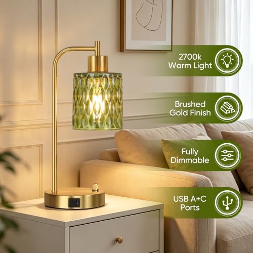 Table Lamps Set of 2, Green Glass Dimmable Bedside Lamps for Living Room