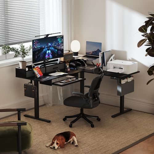 WALKINGDESK 63 Inches L Shaped Standing Desk with Keyboard Tray and 2 Drawers, L Shaped Electric Standing Desk, Adjustable L Shaped Office Desk,Corner Standing Desk for Home Office, Black
