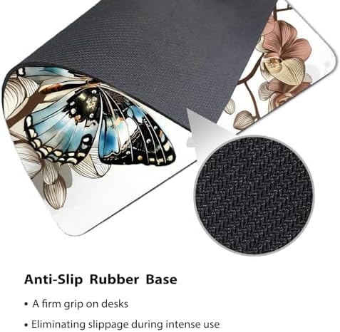 9.5x7.9 Inch Office/Gaming Mouse Pad, Vintage Blue Butterflies on Orchids Flowers Elegant Floral Art, Cute Anti-Slip Mat for Desk Decor