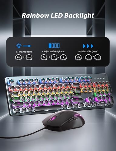 Typewriter Style Mechanical Gaming Keyboard Blue Switch, Rainbow LED Backlit Wired Computer Keyboards Mouse and Pad Combo, Metal Panel Retro Punk Round Keycaps, 104 Keys Anti-Ghost for PC Laptop Gamer