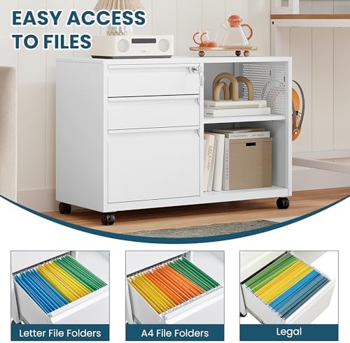 MIIIKO 3 Drawer File Cabinet with Lock, Metal Lateral Rolling Printer Stand Filing Cabinets for Home Office Storage,A4, Letter,File Folders(White)