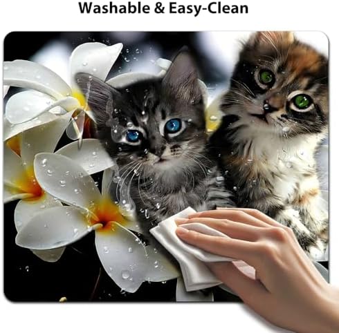 9.5x7.9 Inch Office/Gaming Mouse Pad, Lovely Kittens on Tropical Plumeria Flowers Adorable Blue Green Eyed Cats Pets, Cute Anti-Slip Mat for Desk Decor