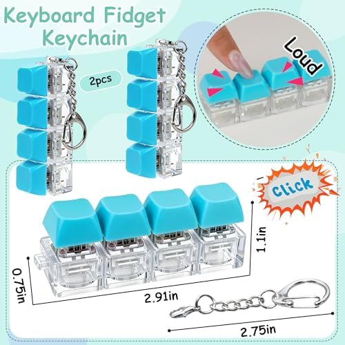 2 Pcs Keyboard Fidget Toy, Keyboard Fidget Keychain 4-in-1 Keyboard Decompression Button Finger Clicker Toys, Button Stress Relief Fidget Gifts for Adult to Relief Stress (Blue)