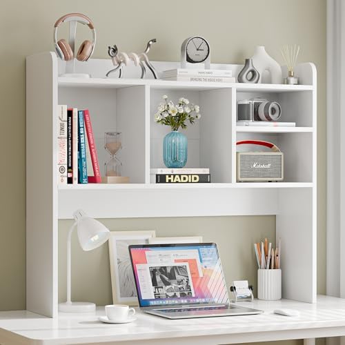 Nova Microdermabrasion Wooden Desktop Bookshelf with 6 Shelves–3-Tier Desk Organizer Hutch for Computer Desk, Home or Office (White)