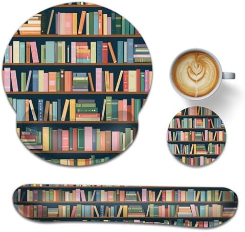 Bookshelf Ergonomic Keyboard and Mouse Wrist Rest Set, Library Book Mouse Pad with Non Slip Base, Soft Cloth Surface for Office and Home Typing Support