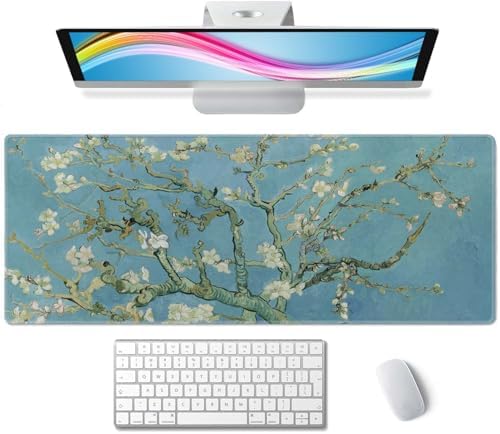 Gaming Mouse Pad, Large Mouse Pads for Desk, Non-Slip Rubber Base Mousepad, Keyboard Mouse Mat Desk Pad with Stitched Edges, 31.5x11.8 inch Vincent Van Gogh Almond Blossom