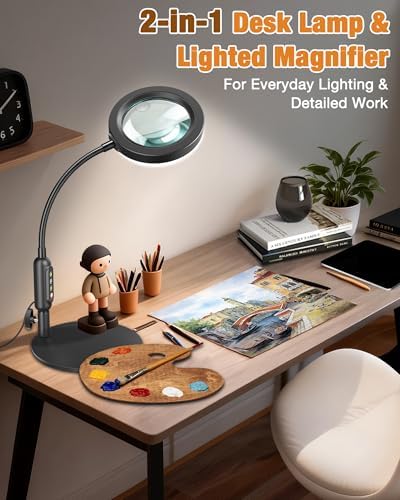 30X 10X Magnifying Glass with Light and Stand, 5 Color Modes Stepless Dimmable, Optical Grade HD Lens, LED Lighted Magnifier Hands Free with Flexible Gooseneck for Close Work, Craft, Hobby, Painting