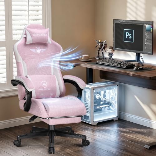 GTPLAYER Gaming Chair with Footrest, Ergonomic Office Chair 400lbs Heavy Duty, Big and Tall Computer Desk Chair with Lumbar Support and Headrest, Breathable Linen Fabric, 90-155° Recline Pink