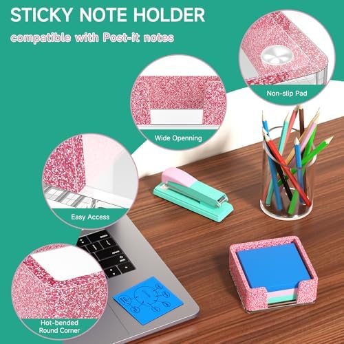 Sticky Note Holder, Glitter Pink Acrylic Notepad Holder 3x3 in Self-Stick Note Dispenser Office Desk Accessories, Memo Pad Holder Organizer for Classroom School Supplies