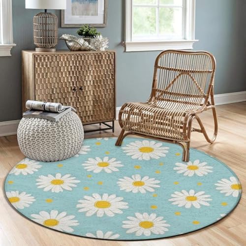 Women's Large Home Decor Mat, Soft Round Yoga Carpet, Non Slip Machine Washable Home Office Circle Rug Daisy Flowers