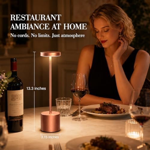 AUDLES Cordless Table Lamp, 5000mAh Rechargeable Lamp with Touch Control & Stepless Dimming, 3 Light Modes, IP54 Waterproof Portable Light for Dining Table, Patio, Bathroom, Power Outage (Rose Gold)