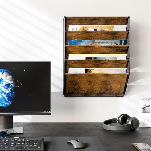 PAG-Mass Wall File Organizer for Office, 5-Tier Rustic Hanging File holder Wall Storage Rack for Documents/Magazine/Literature/File Folders/Mails/Envelopes, Brown