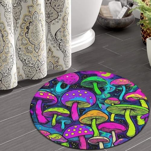 Room Sofa Yoga Soft Round Carpet, Home Decor Non Slip Kitchen Office Circle Rug, Machine Washable Modern Round Area Rug Trippy Colorful Mushrooms Magic Art, 36inch