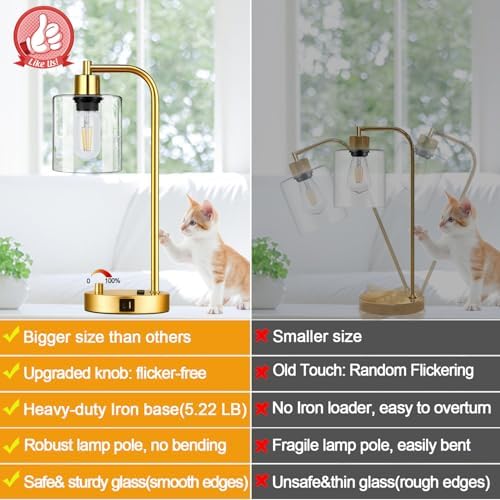 Lynnoland Set of 2 Industrial Table Lamps with USB Port, Gold Fully Stepless Dimmable Bedside Lamps for bedrooms, Nightstand Desk Lamp with Clear Glass Shade for Reading Living Room Office 2 LED Bulb