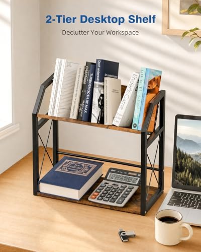 Desktop Bookshelf, Wooden Desk Shelf Organizer, Brown