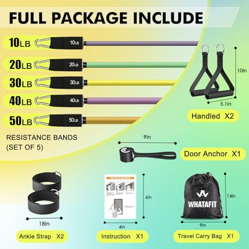 WHATAFIT Resistance Bands with Handles, 150 lb Exercise Bands Set