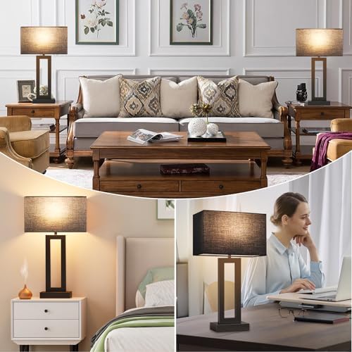 Seealle 22" Tall Living Room Lamps for Night Stands - Touch Bedside Lamp with USB C+A, 3 Way Dimmable Bedroom Lamps for End Tables Set of 2, Modern Night Stand Lamps for Bed Side(Black&Black)