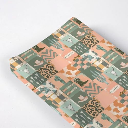 Western Cactus Cow Skulls Hats Patchwork Baby Changing Pad Cover, Unisex Western Nursery Diaper Changing Table Pad Mat Sheet for Boys Girls-16x32