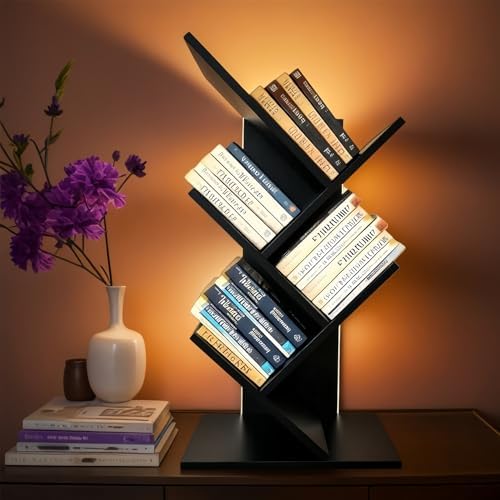 Small Bookshelf with Liting,5-Tier Wood Black Bookshelf,Desktop BookShelf