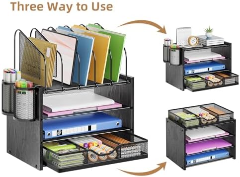 Marbrasse Desk Organizer with Drawer, 4-Tier Wooden File Organizer with 5 Vertical File Holders and 2 Pen Holders, Desk Organizers and Accessories for Home Office - Black