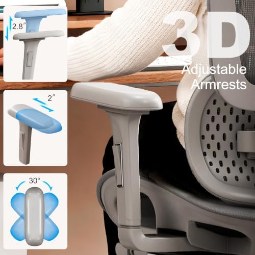 Vonesse Ergonomic Office Chair,Desk Chair with Adjustable 3D Headrest and Armrests, Gaming Chair with Dynamic Lumbar Support & Adjustable Depth Breathable Mesh Seat (Grey)