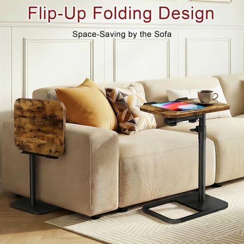 Tv Tray Table Adjustable Height Couch Side Table, Tilt Angle Adjustments-360° Swivel/180° Flip-Over Panel C-Shaped End Table With Tablet Slot, Computer Desk for Chair, Living Room (Rustic Brown)