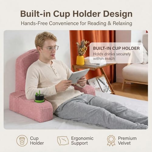 Reading Pillow for Adults, Back Pillow for Bed Sitting Up, Backrest Pillow for Sitting in Bed, Detachable Arms with Built-in Cup & Phone Caddy (Dusty Pink-Corduroy, 19 INCH)