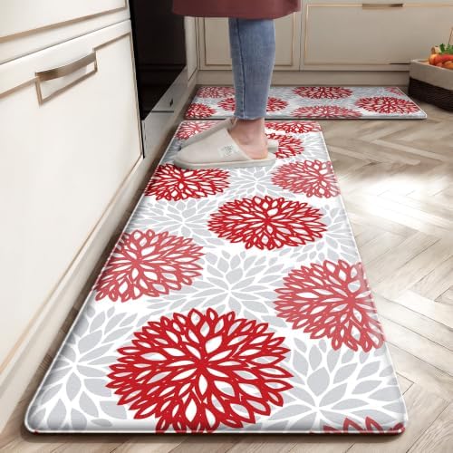 Kitchen Mats Set of 2 Cushioned Anti Fatigue Kitchen Rugs Non Slip Waterproof Runner Memory Foam Kitchen Floor Mat Comfort Standing Mat for Sink, Office, Laundry, Red