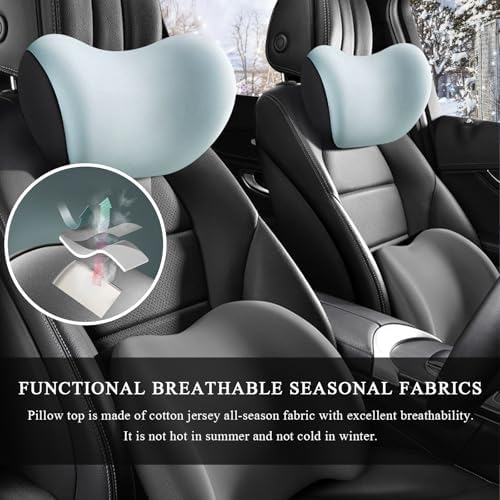 2 PCS Car Headrest Cushion, Ergonomic Memory Foam Car Neck Back Support w/Removable Cover, Universal Breathable Lumbar Cushion Headrest Pillow with Adjusatble Strap (Sky Blue)