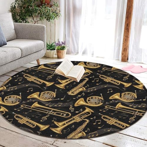 Large Round Area Rug Home Decor Modern Bathroom Rug Kitchen Office Circle Rug for Living Room Sofa Circle Cute Mat Gold Trumpet Trombone French Horn Black