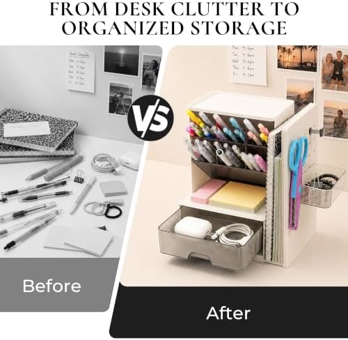 Desk Organizer with Drawer, Pen Holder with Slanted Pen Grooves White
