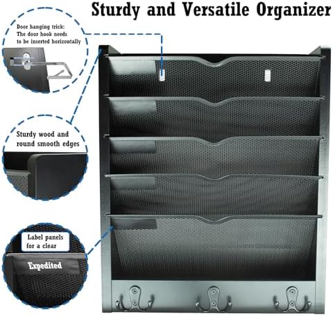 Multi-Purpose No-Assembly Hanging Wall File & Mail Organizer - 3 Pairs of Hooks, Fits Desk with Side Panel/Door-Mountable (Black)