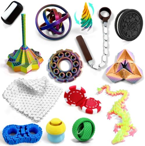 14-in-1 3D Printed Fidget Set for Adults - Sensory Anxiety Relief with Clicker, Articulated Dragon, Impossible Pyramid, Gyro Spinner, Poker Chips, Stress Relief Gifts for Men Women