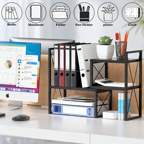 Expandable Desktop Shelf Organizer, 2 Tier Wood Desk Shelf for Office, Metal Corner Bookshelf, Countertop Storage Rack (Black)
