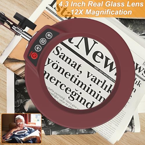 12X Large Magnifying Glass with Light and Clamp, Real Glass, 5 Color Modes, Stepless Dimmable, 2 x 16 Inch Adjustable Swing Arm Stand Desk Lamp, LED Lighted Magnifier Hands Free for Close Work - Red